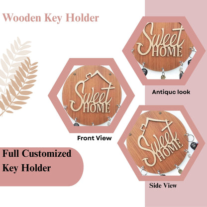 Wooden “Sweet Home” Round Key Holder – Wall Hanging Organizer