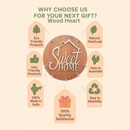 Wooden “Sweet Home” Round Key Holder – Wall Hanging Organizer