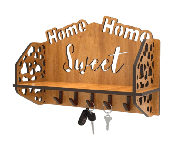 Wooden “Home Sweet Home” Wall Shelf with Key Hooks – Dual Utility Organizer