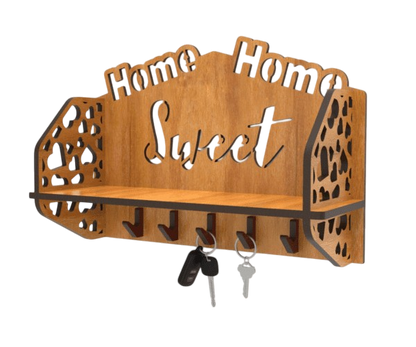 Wooden “Home Sweet Home” Wall Shelf with Key Hooks – Dual Utility Organizer