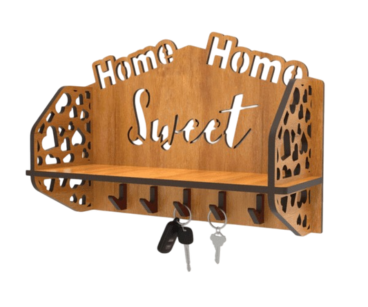 Wooden “Home Sweet Home” Wall Shelf with Key Hooks – Dual Utility Organizer