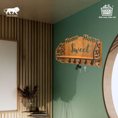 Wooden “Home Sweet Home” Wall Shelf with Key Hooks – Dual Utility Organizer