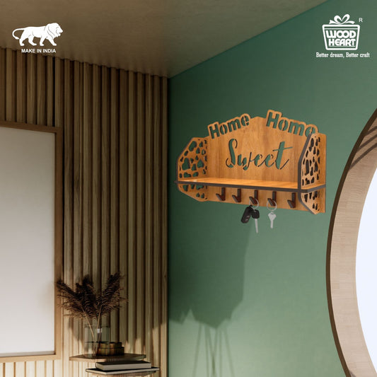 Wooden “Home Sweet Home” Wall Shelf with Key Hooks – Dual Utility Organizer