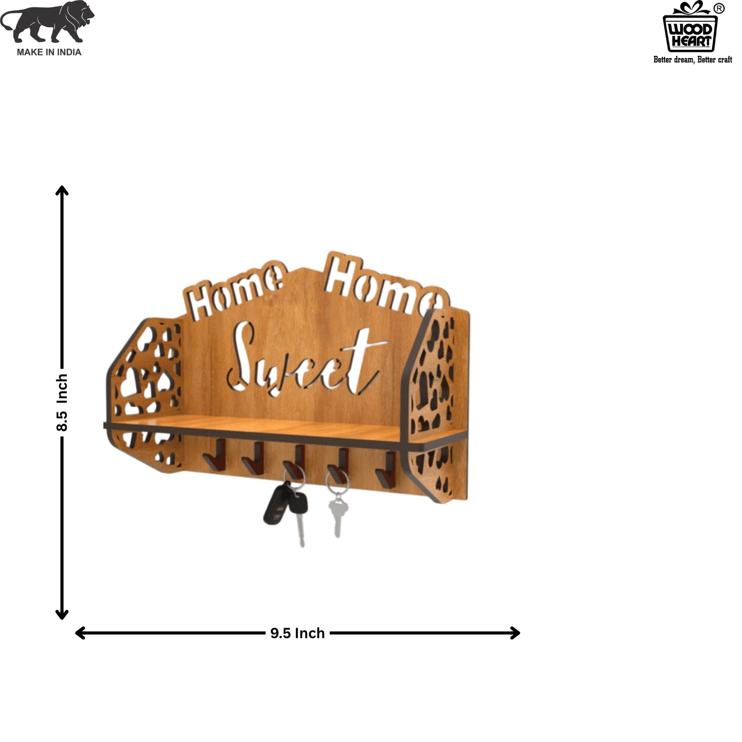 Wooden “Home Sweet Home” Wall Shelf with Key Hooks – Dual Utility Organizer