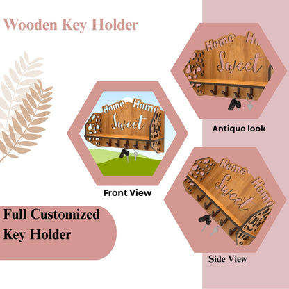 Wooden “Home Sweet Home” Wall Shelf with Key Hooks – Dual Utility Organizer