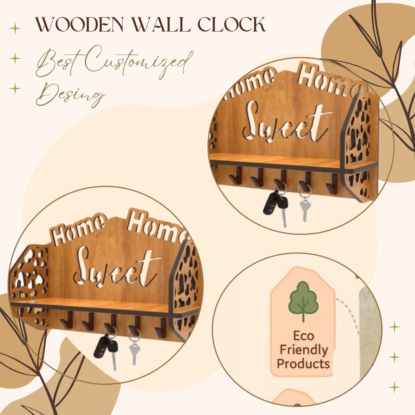 Wooden “Home Sweet Home” Wall Shelf with Key Hooks – Dual Utility Organizer