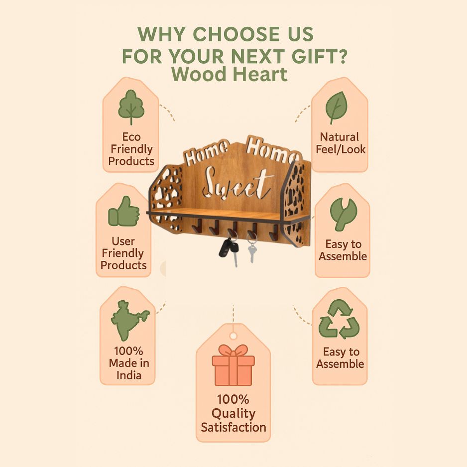 Wooden “Home Sweet Home” Wall Shelf with Key Hooks – Dual Utility Organizer