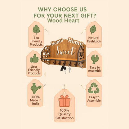 Wooden “Home Sweet Home” Wall Shelf with Key Hooks – Dual Utility Organizer