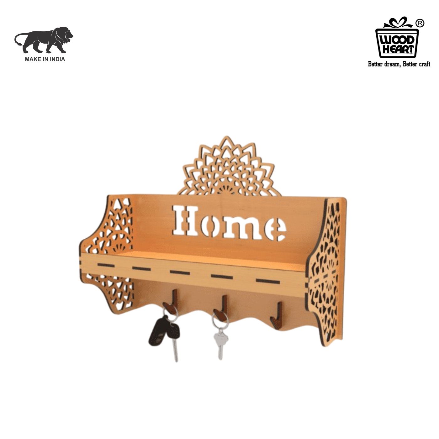 Wooden Wall Shelf with Mandala Cutout & Key Holder – “Home”