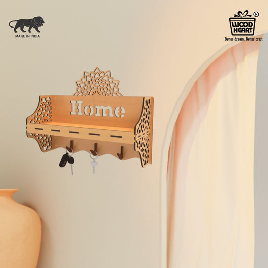 Wooden Wall Shelf with Mandala Cutout & Key Holder – “Home”