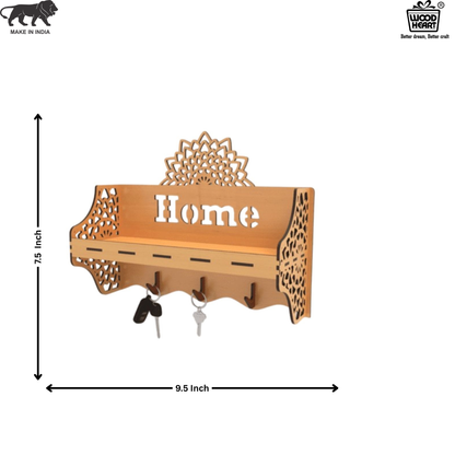 Wooden Wall Shelf with Mandala Cutout & Key Holder – “Home”