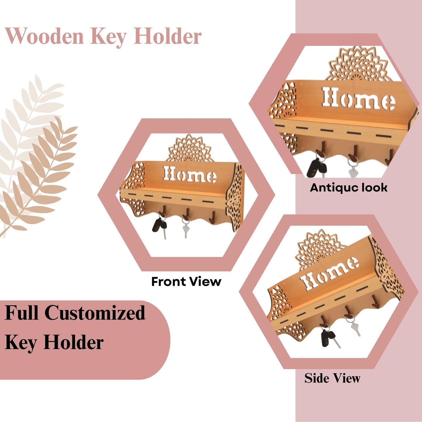 Wooden Wall Shelf with Mandala Cutout & Key Holder – “Home”