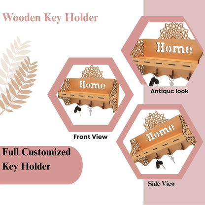 Wooden Wall Shelf with Mandala Cutout & Key Holder – “Home”