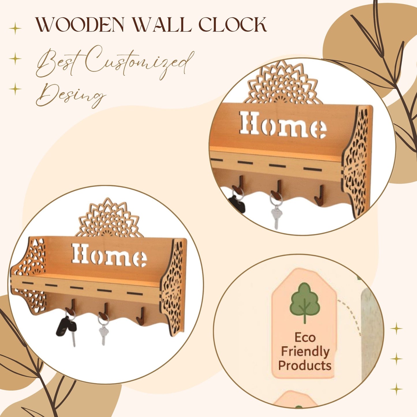 Wooden Wall Shelf with Mandala Cutout & Key Holder – “Home”