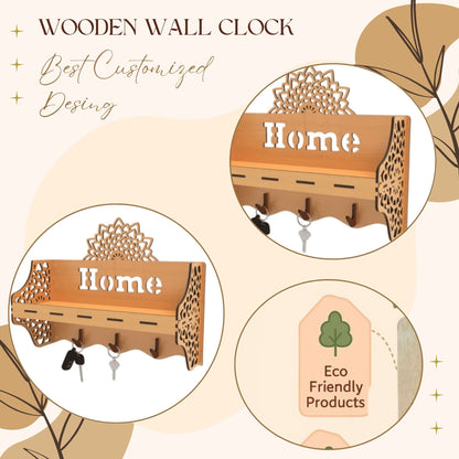Wooden Wall Shelf with Mandala Cutout & Key Holder – “Home”
