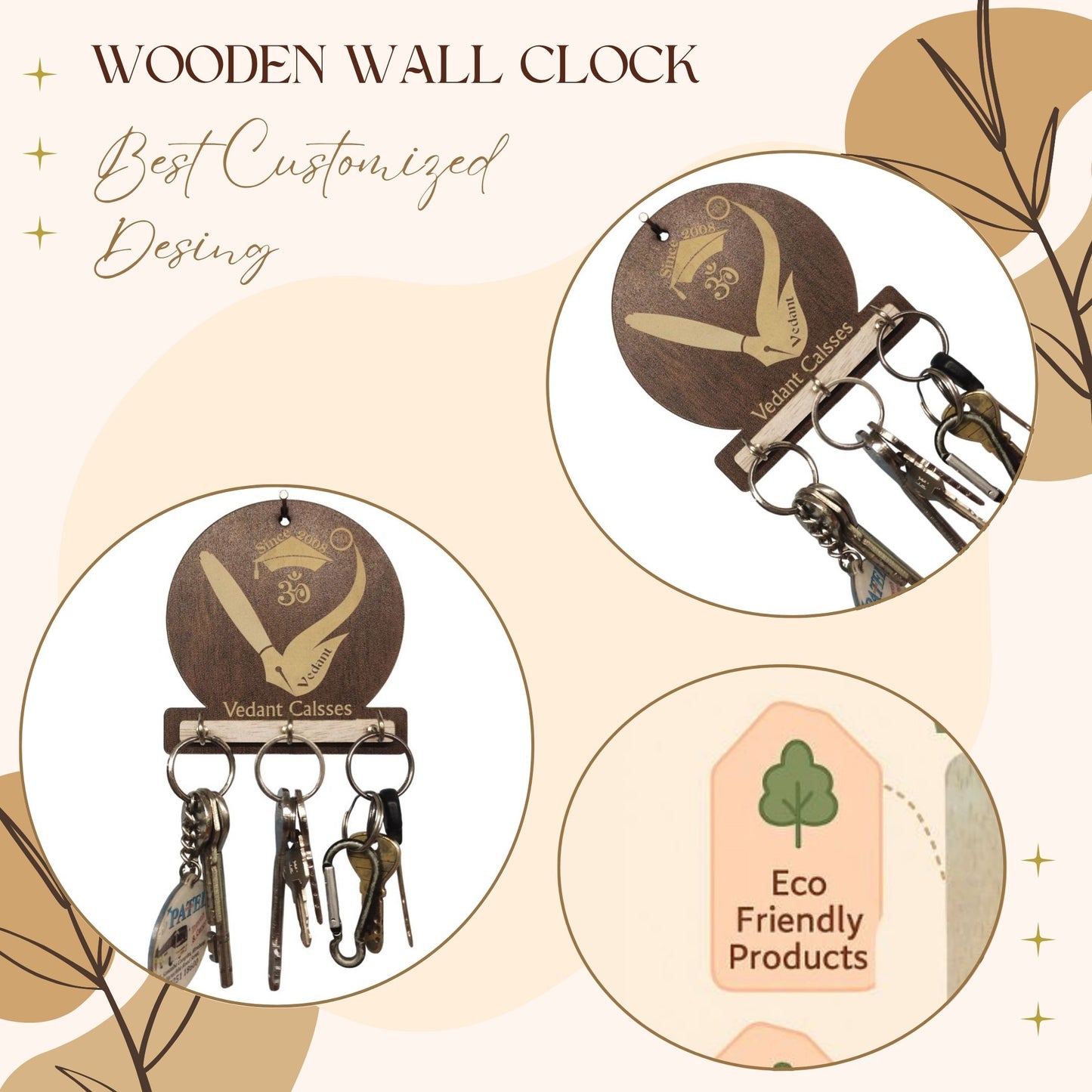 Vedant Classes Logo Wooden Key Holder – Custom Engraved Branding Piece