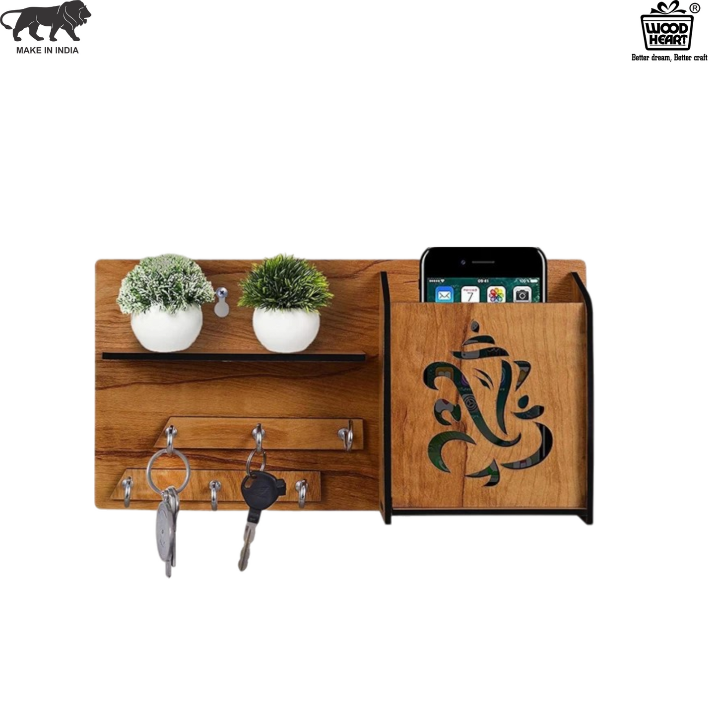Wooden Ganesh Wall Organizer with Key Holder & Mobile Stand