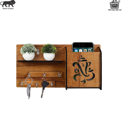 Wooden Ganesh Wall Organizer with Key Holder & Mobile Stand
