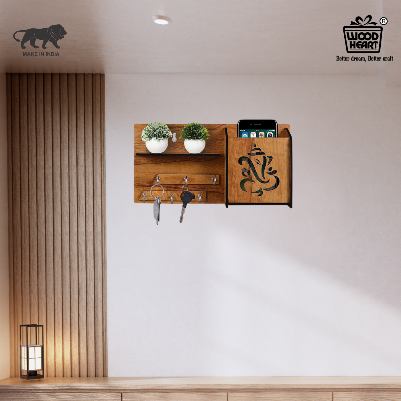 Wooden Ganesh Wall Organizer with Key Holder & Mobile Stand