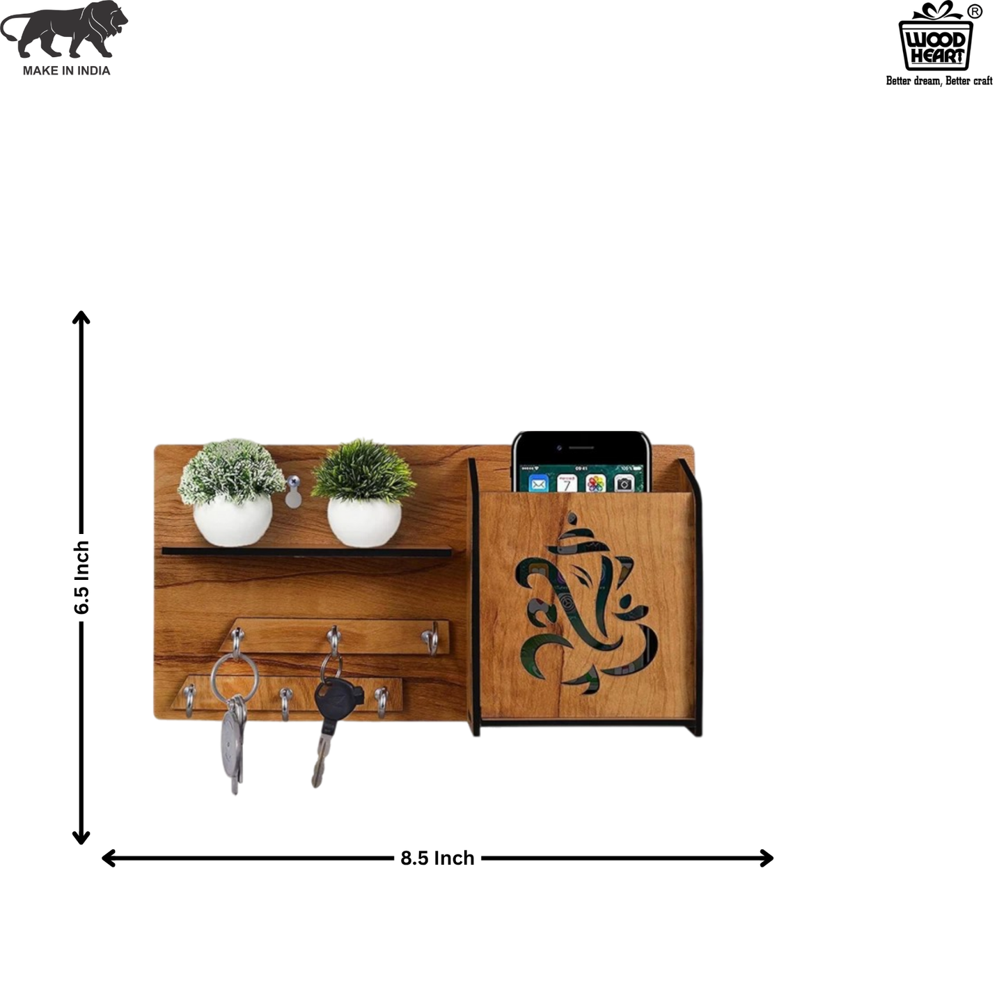Wooden Ganesh Wall Organizer with Key Holder & Mobile Stand