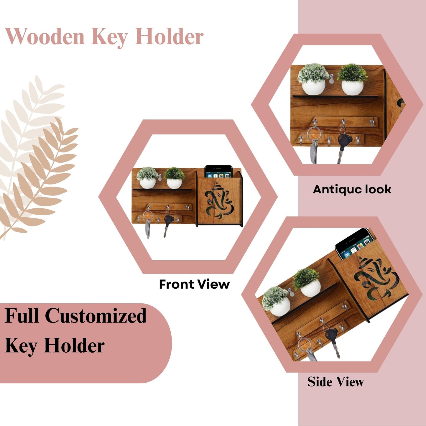 Wooden Ganesh Wall Organizer with Key Holder & Mobile Stand