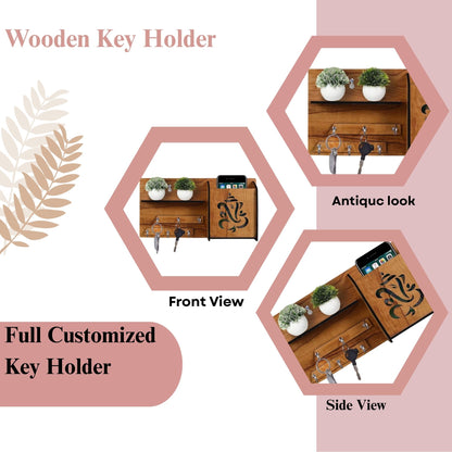 Wooden Ganesh Wall Organizer with Key Holder & Mobile Stand