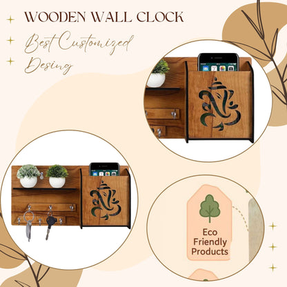 Wooden Ganesh Wall Organizer with Key Holder & Mobile Stand