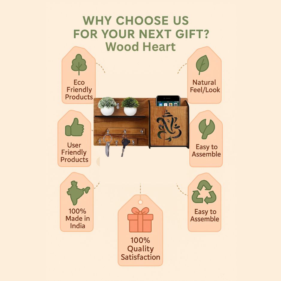 Wooden Ganesh Wall Organizer with Key Holder & Mobile Stand