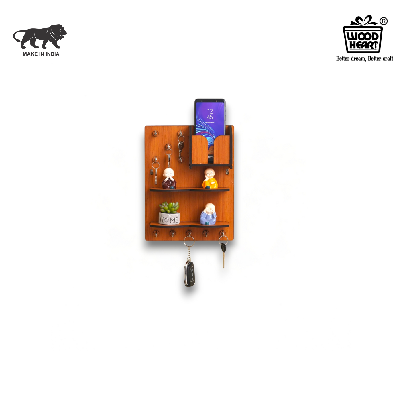 WoodHeart Multi-Utility Wooden Wall Organizer with Mobile Holder & Key Hooks