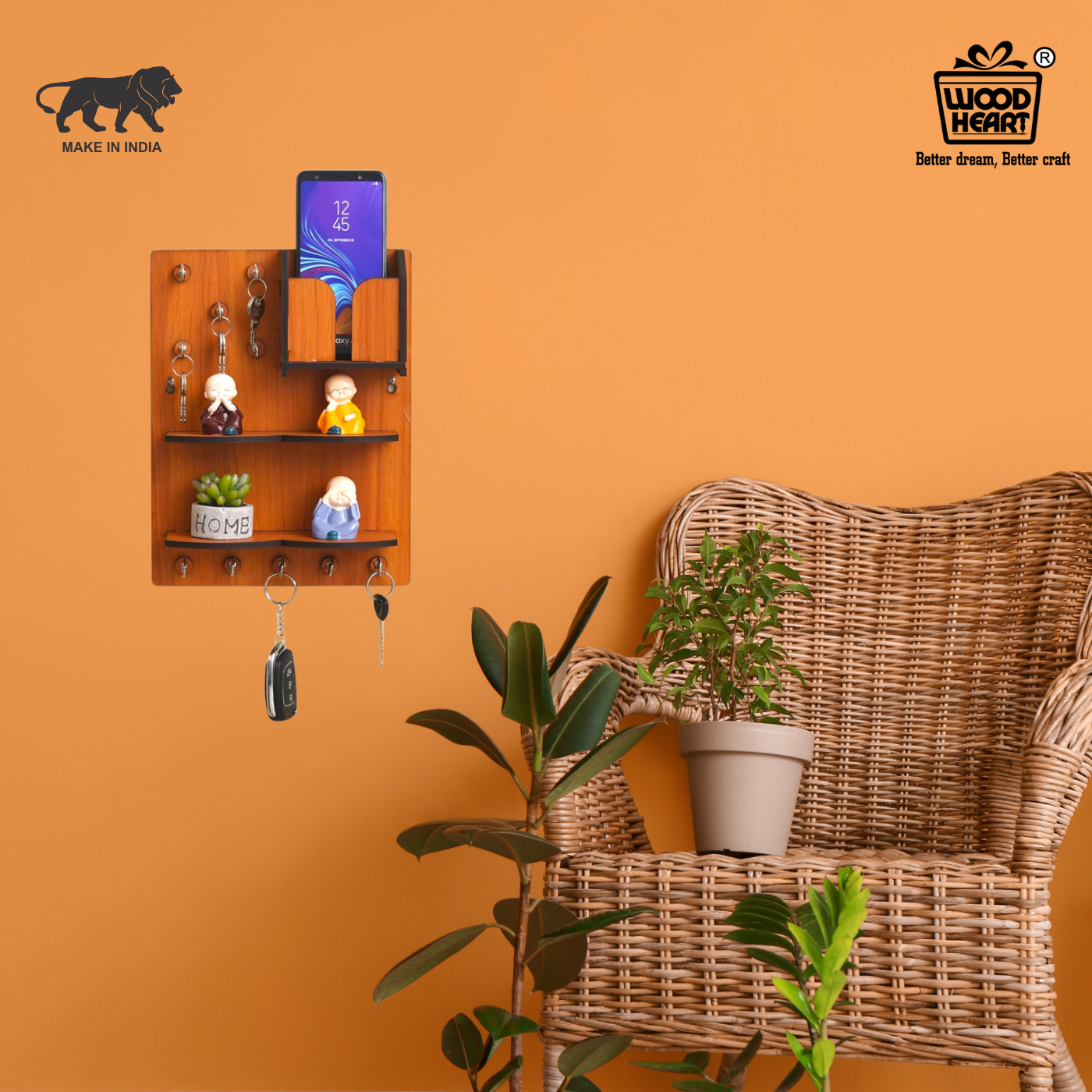 WoodHeart Multi-Utility Wooden Wall Organizer with Mobile Holder & Key Hooks