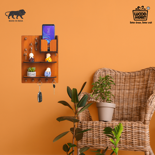 WoodHeart Multi-Utility Wooden Wall Organizer with Mobile Holder & Key Hooks