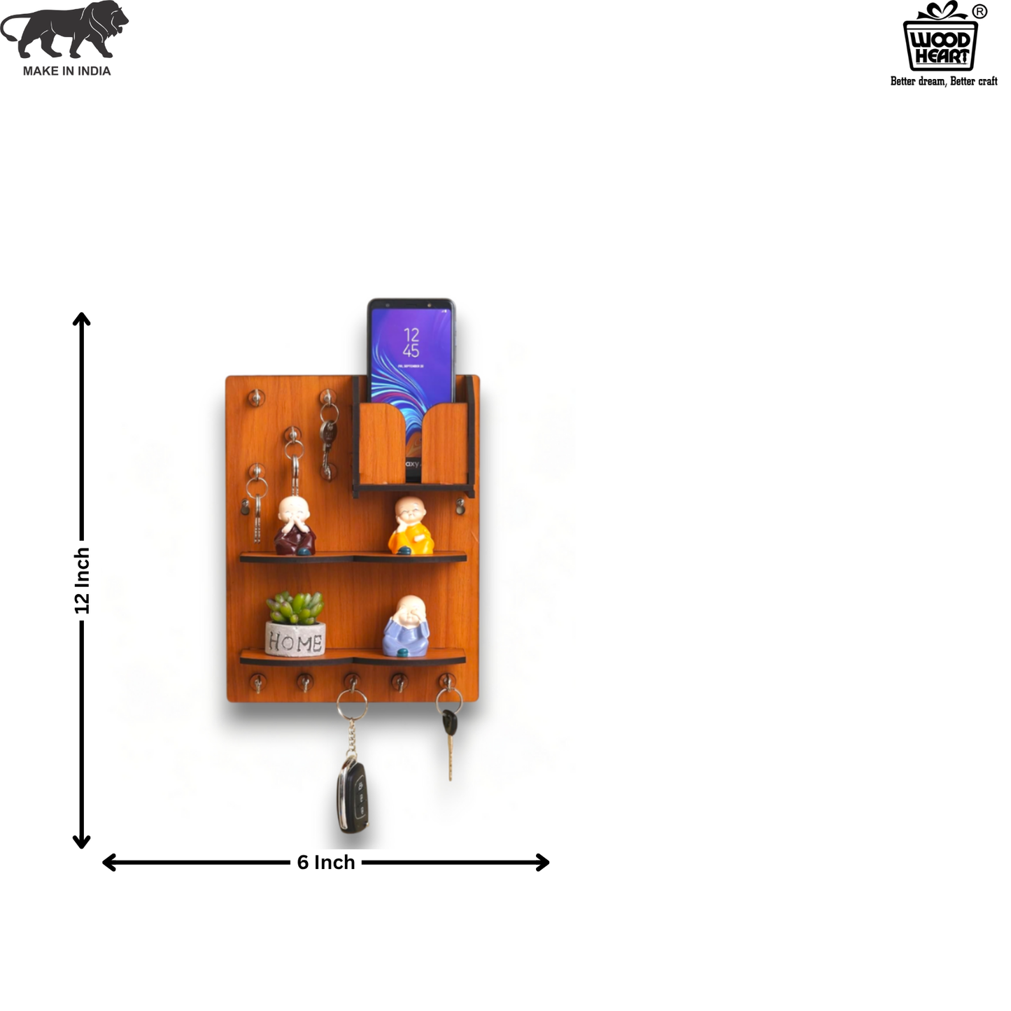 WoodHeart Multi-Utility Wooden Wall Organizer with Mobile Holder & Key Hooks