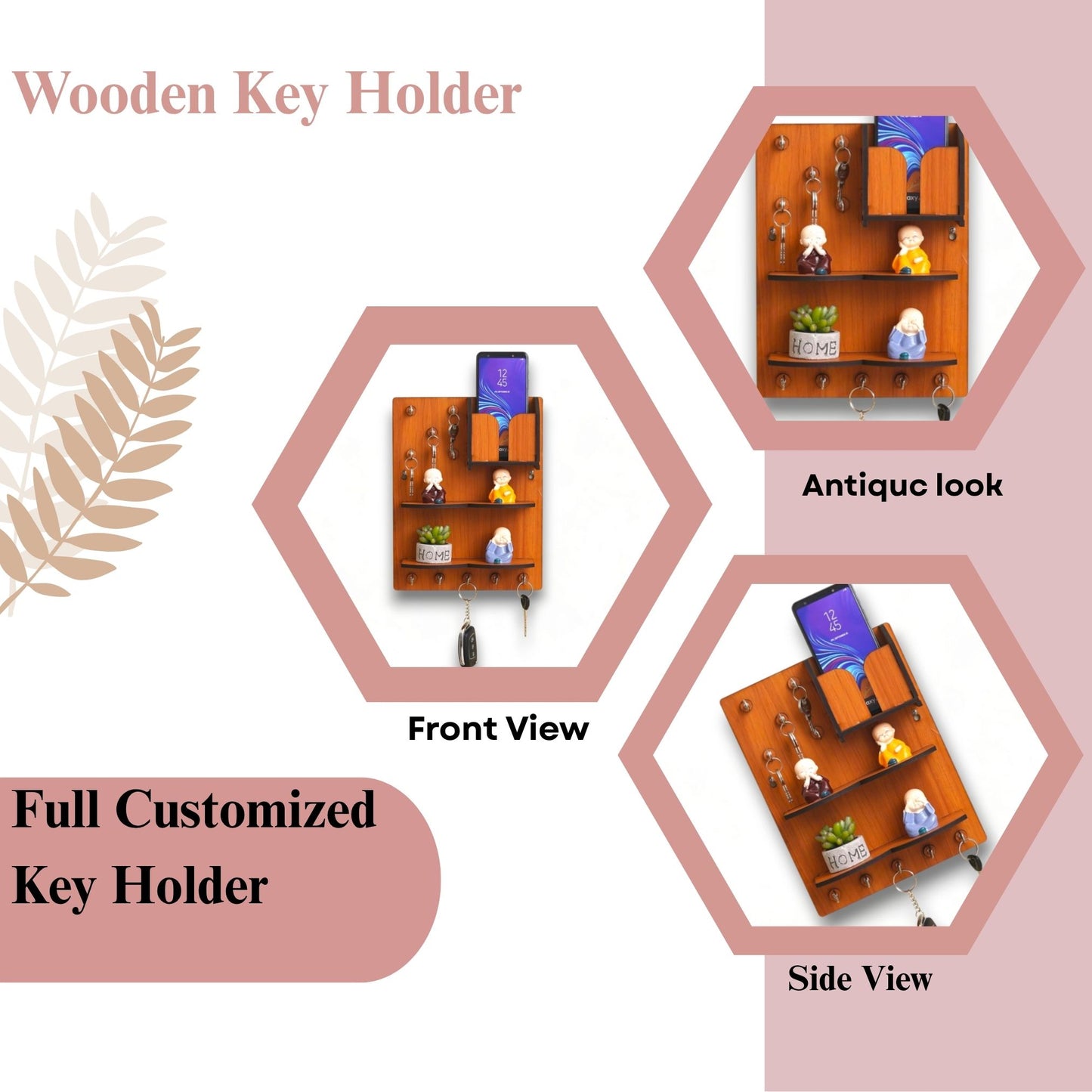 WoodHeart Multi-Utility Wooden Wall Organizer with Mobile Holder & Key Hooks
