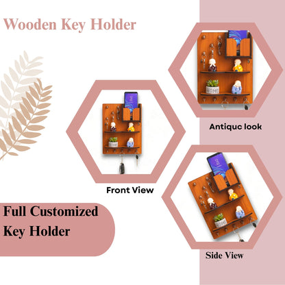 WoodHeart Multi-Utility Wooden Wall Organizer with Mobile Holder & Key Hooks
