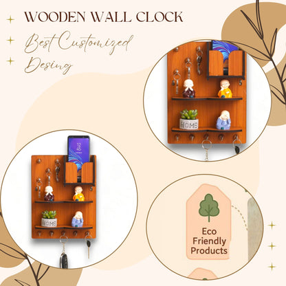 WoodHeart Multi-Utility Wooden Wall Organizer with Mobile Holder & Key Hooks