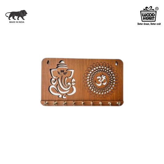 WoodHeart Divine Ganesha & Om Wooden Key Holder – 10 Hook Wall Organizer