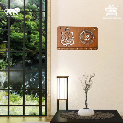 WoodHeart Divine Ganesha & Om Wooden Key Holder – 10 Hook Wall Organizer