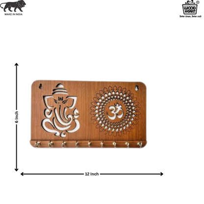 WoodHeart Divine Ganesha & Om Wooden Key Holder – 10 Hook Wall Organizer