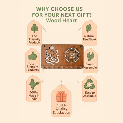 WoodHeart Divine Ganesha & Om Wooden Key Holder – 10 Hook Wall Organizer