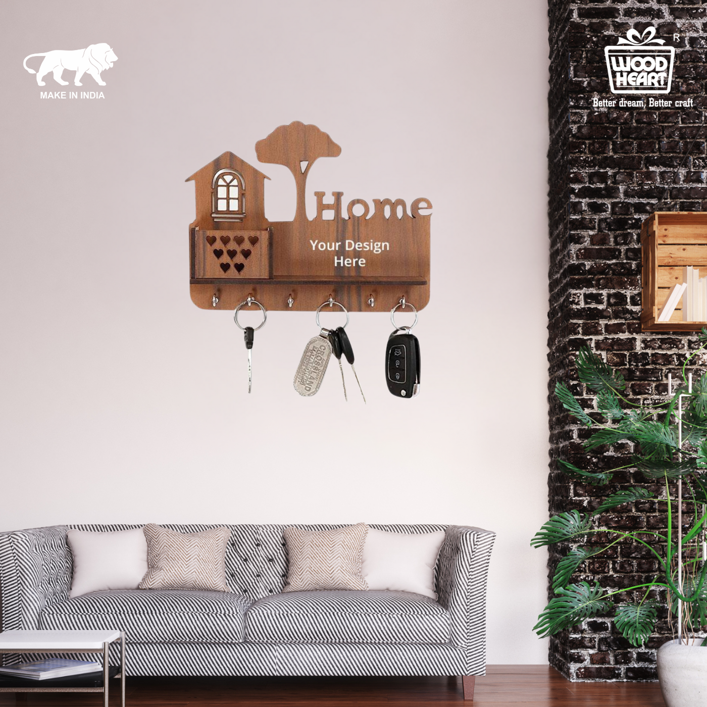 WoodHeart “Home” Personalized Wooden Key Holder – 6 Hook Wall Organizer