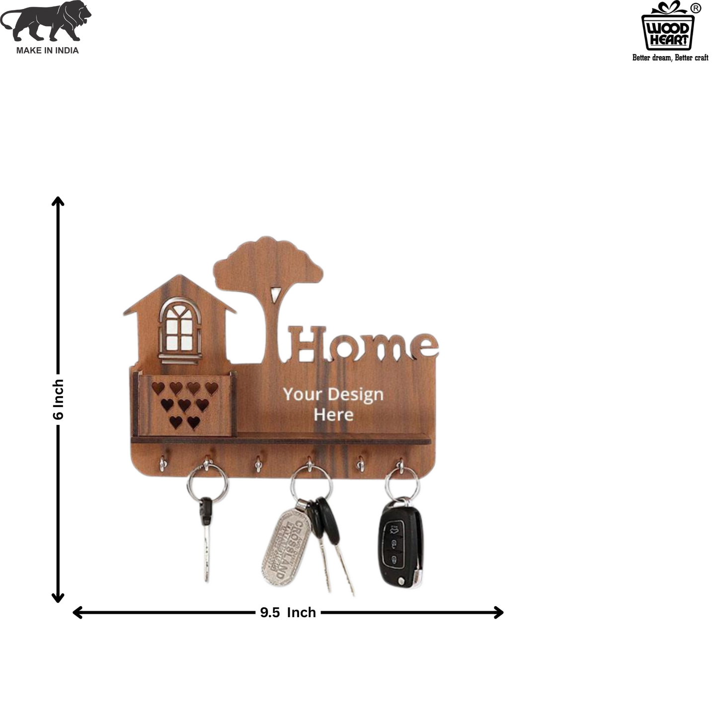 WoodHeart “Home” Personalized Wooden Key Holder – 6 Hook Wall Organizer