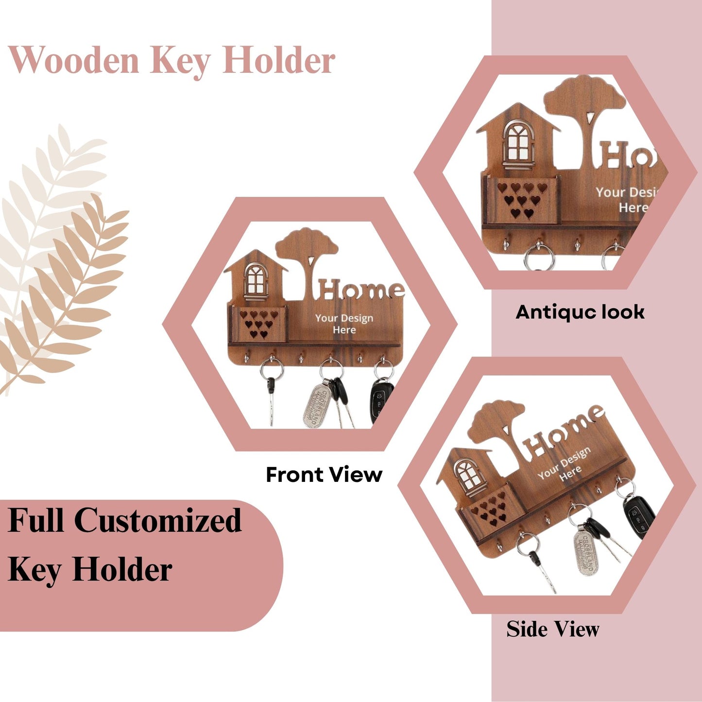 WoodHeart “Home” Personalized Wooden Key Holder – 6 Hook Wall Organizer