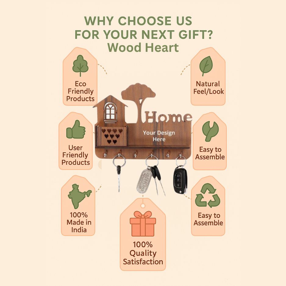 WoodHeart “Home” Personalized Wooden Key Holder – 6 Hook Wall Organizer