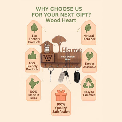 WoodHeart “Home” Personalized Wooden Key Holder – 6 Hook Wall Organizer