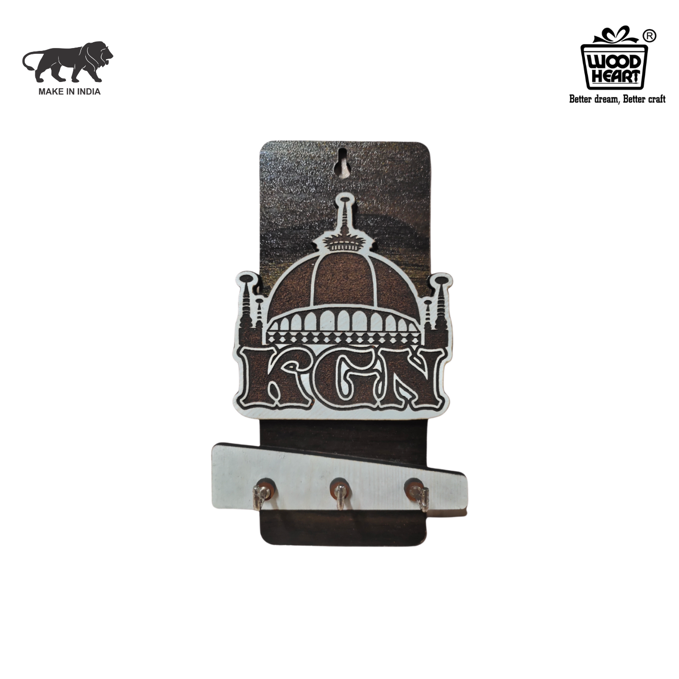 WoodHeart KGN Dome Design Wooden Key Holder – 3 Hook Wall Mount
