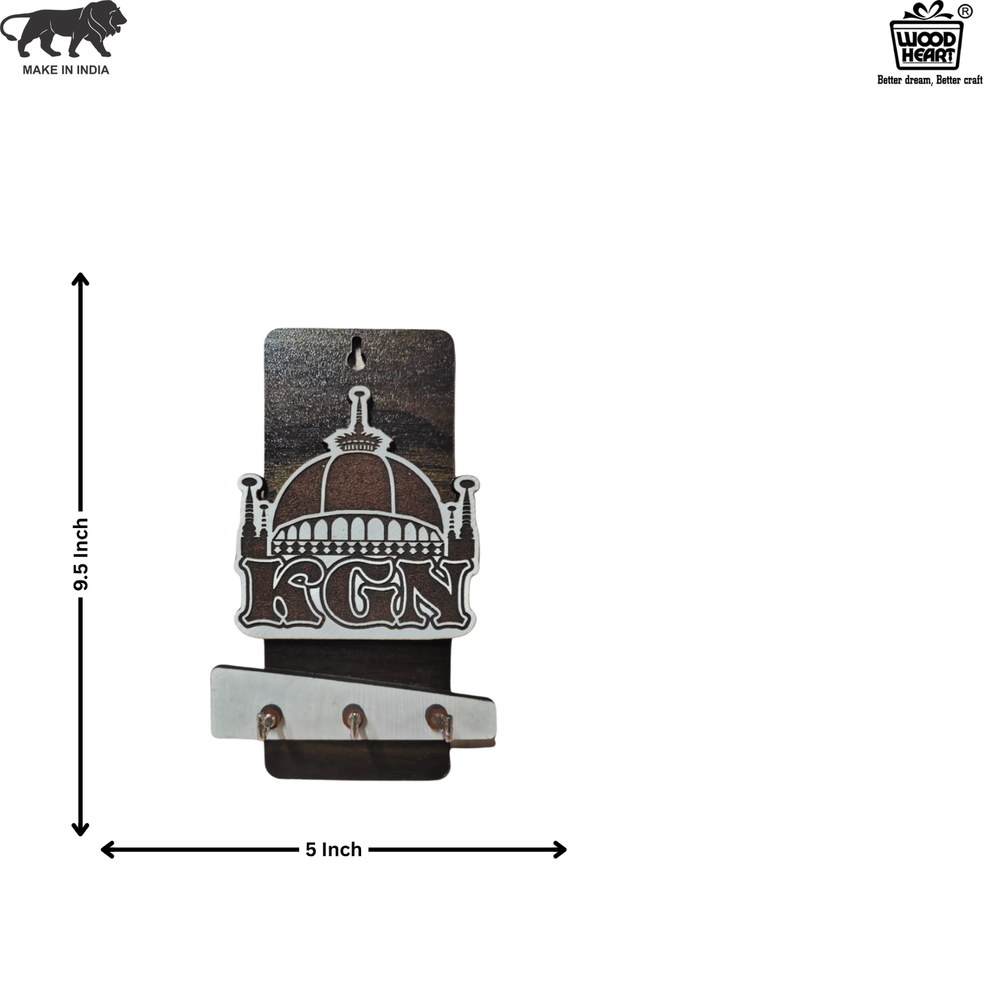 WoodHeart KGN Dome Design Wooden Key Holder – 3 Hook Wall Mount