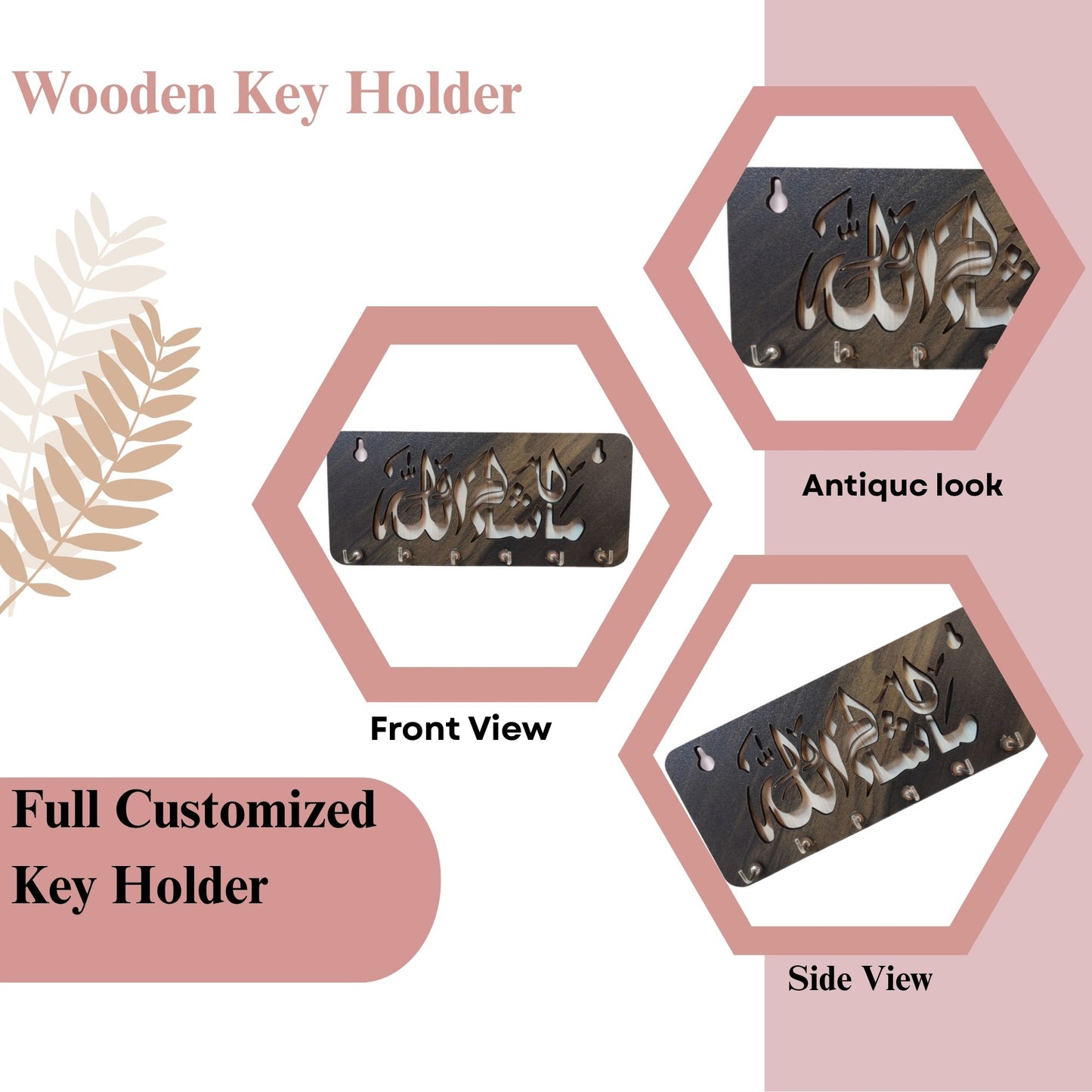 WoodHeart “Masha Allah” Islamic Wooden Key Holder – 6 Hook Wall Mount