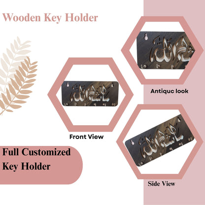 WoodHeart “Masha Allah” Islamic Wooden Key Holder – 6 Hook Wall Mount
