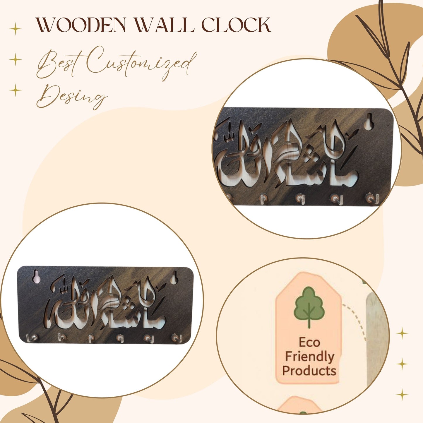 WoodHeart “Masha Allah” Islamic Wooden Key Holder – 6 Hook Wall Mount