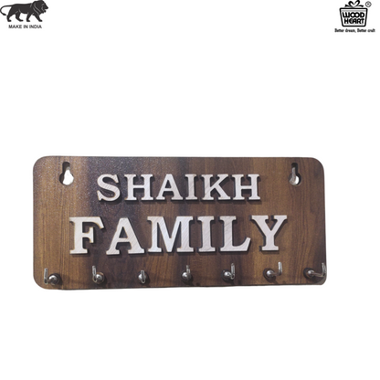 WoodHeart “SHAIKH FAMILY” Personalized Wooden Key Holder – 8 Hook Organizer
